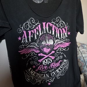Affliction Black Pink & White Y2K Tee W Winged Heart Graphic & Rhinestones - L